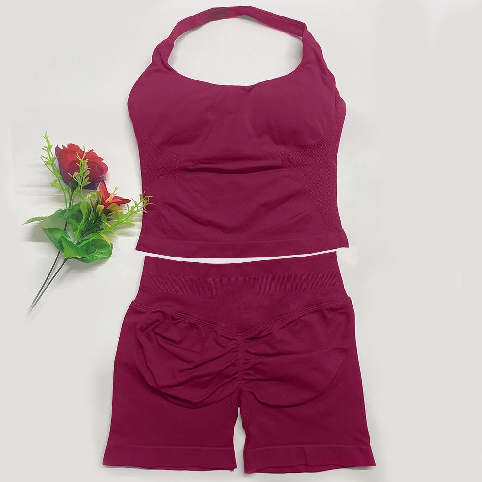Yoga Outfit DFNNYE Two Pieces Gym Set Women DF Impact Yoga Outfits Backless Halter Top Shorts Fitness Clothes Workout Sets