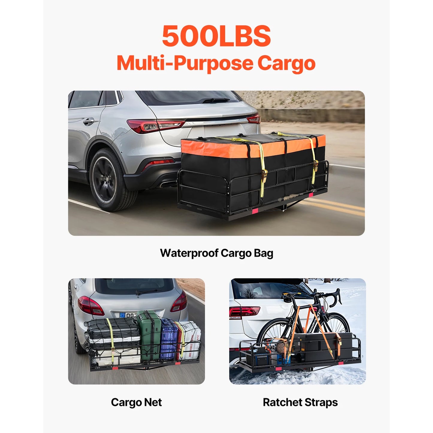 SucceBuy 500lbs Capacity Hitch Cargo Carrier with Cargo Net&Waterproof Cargo Bag, Folding Hitch Mount Cargo Carrier Fit for SUVs