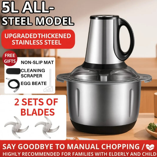 5L Stainless Steel Food Processor - Versatile Meat & Vegetable Chopper with Dual Blades