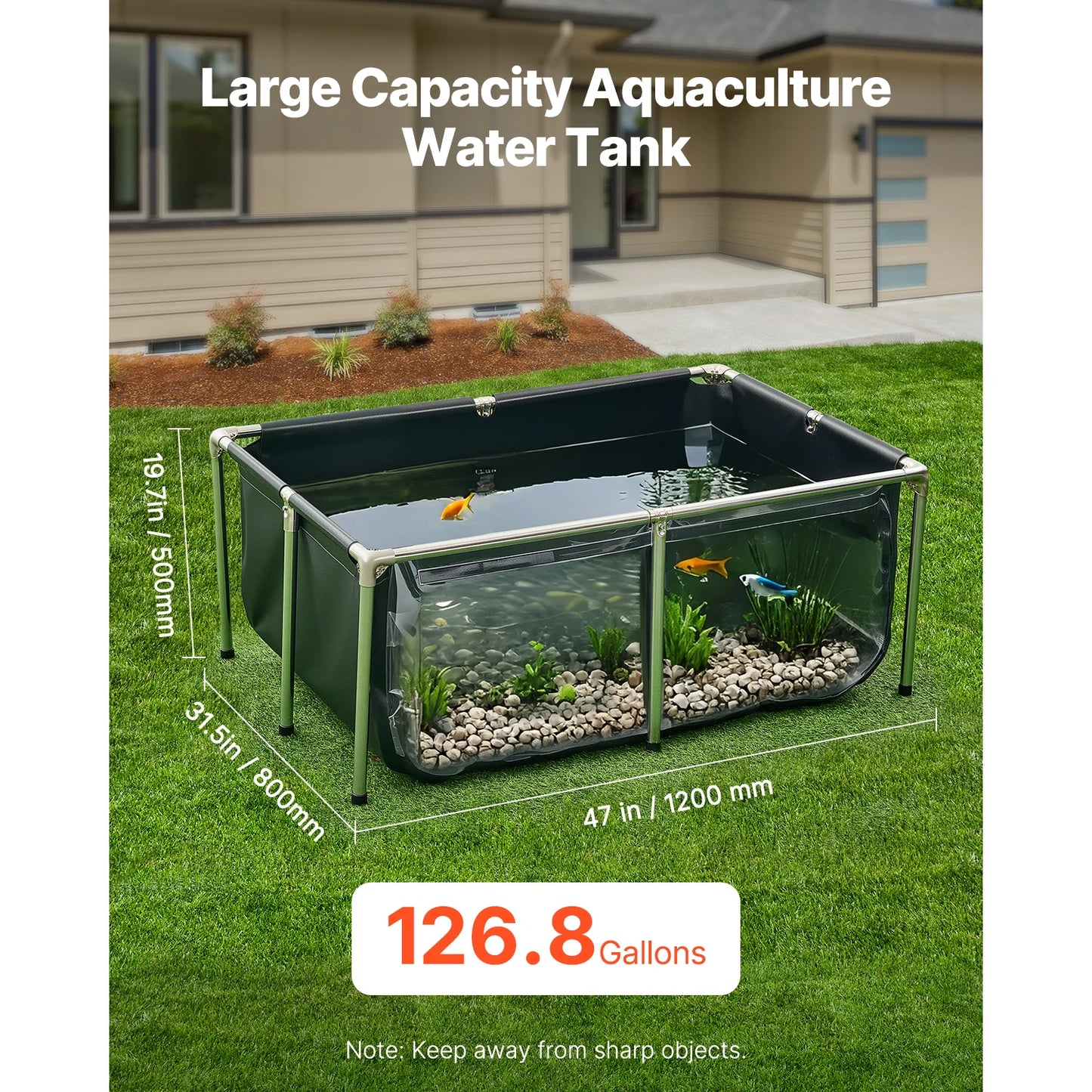 SucceBuy 126.8/270/470 Gal Canvas Fish Pond Rectangular Goldfish Tank with Stainless Steel Frame & Drain Valve for Breeding Koi