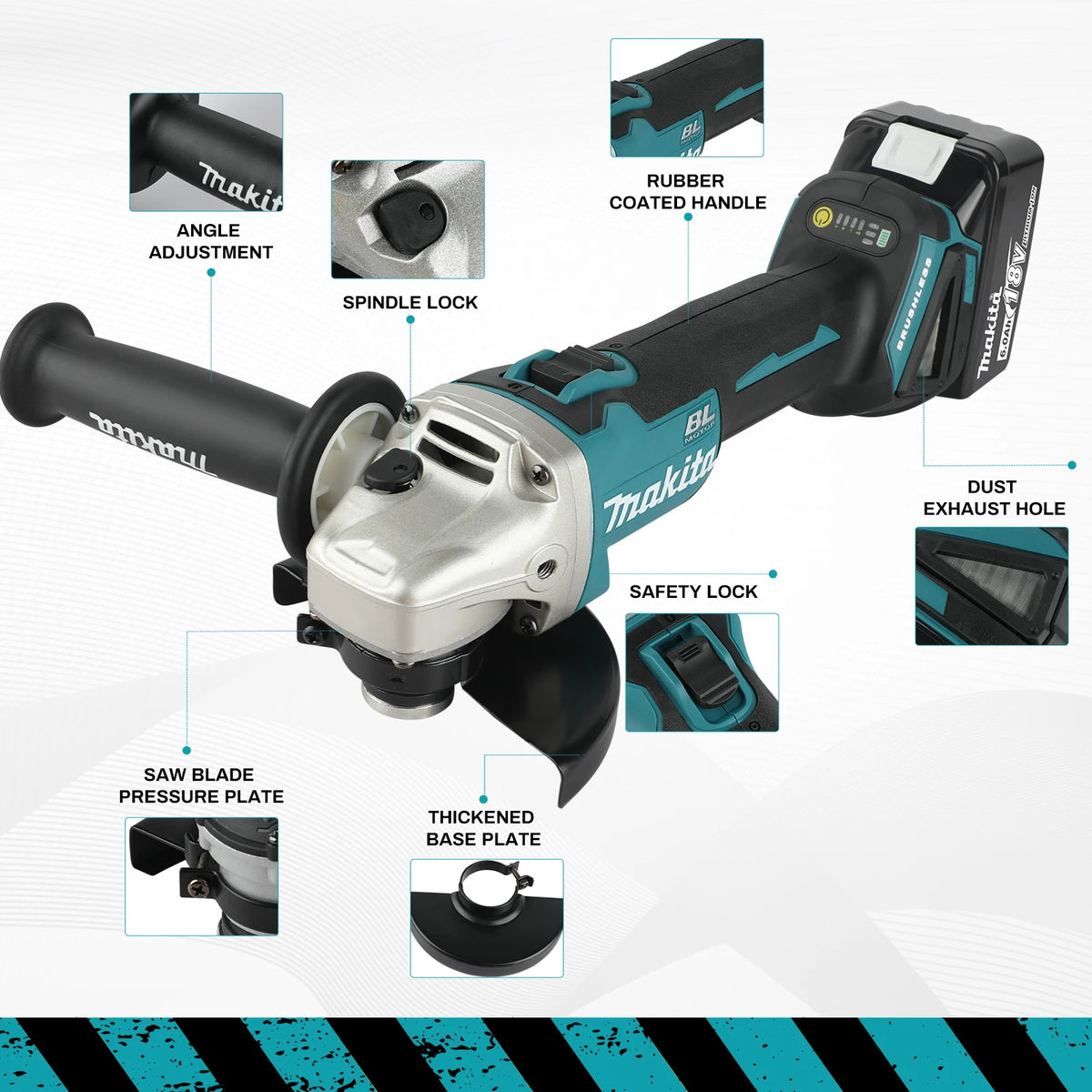 Makita DGA454 Hand‑held Cordless Angle Grinder 18V 115mm Brushless Motor Auto Speed Control for Metal Trimming Operation