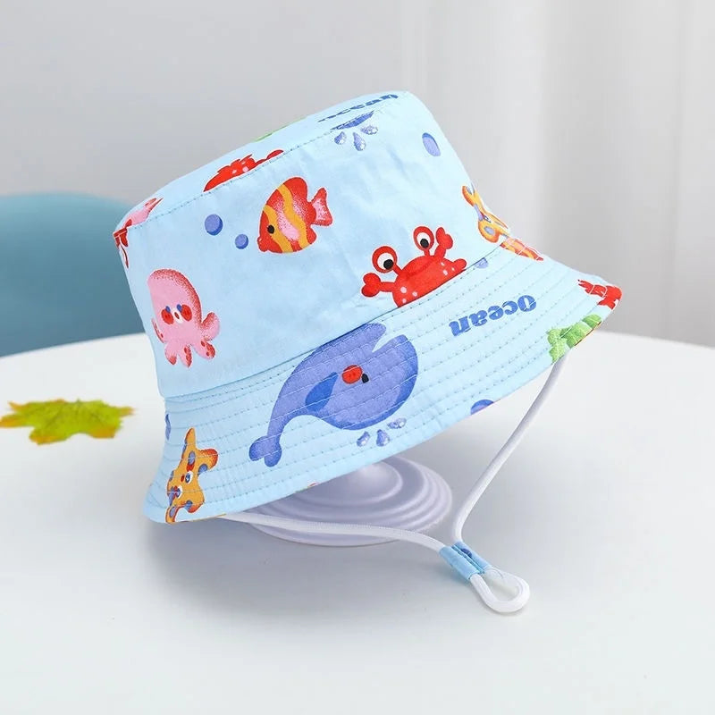 New Summer Baby Hat Cartoon Print Wide Brim Fisherman Hat for Boys Girls Adjustable Chin Strap Infant Beach Cap