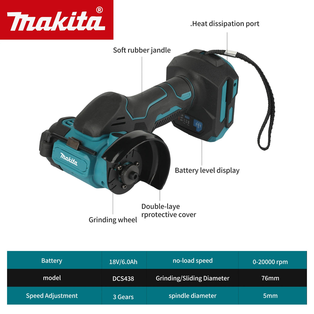 Makita DCS438 Brushless Cordless Grinder 18V 76mm 3‑Speed 20000RPM External Rotor Motor for Vehicle Repair Metal Processing