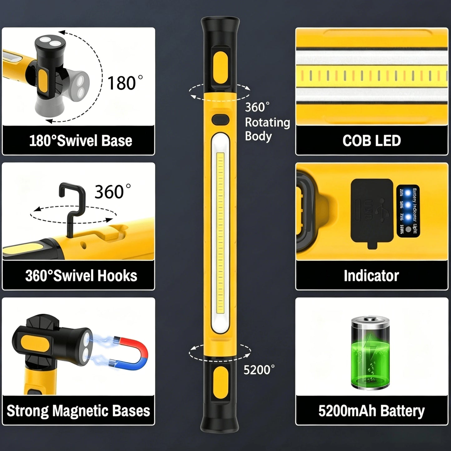 Rechargeable COB Work Lamp Bar with Hooks Rotating Magnetic Base 3 Modes Worklight For Car Repairing Emergency Outdoor Lighting