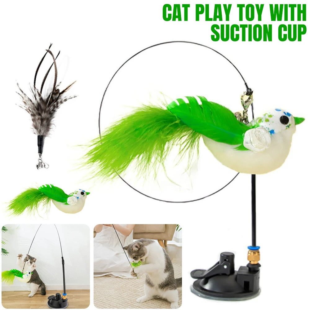 Cat Play Toy Simulation Birds Teaser Wand Interactive Stick with Suction Cup