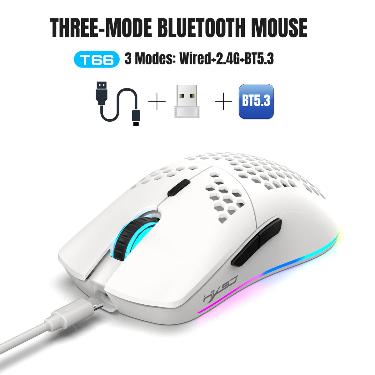 HXSJ T66 3-Mode 10000DPI Gaming Wireless Mouse RGB Luminous 650mAh Rechargeable 6 Buttons Macro Programmable Mice for PC Desktop