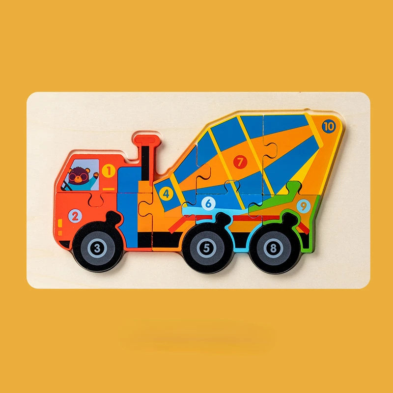 Children Montessori Wooden Puzzle Baby 3D Engineering Vehicle Jigsaw Early Education Matching Cognitive Puzzles Toys for Kids