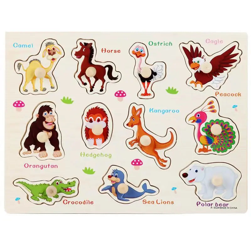 30cm Baby Toys Montessori Wooden Puzzle Hand Grab Board Educational Wood Puzzles for Kids Cartoon Animal Vehicle Gift for Child