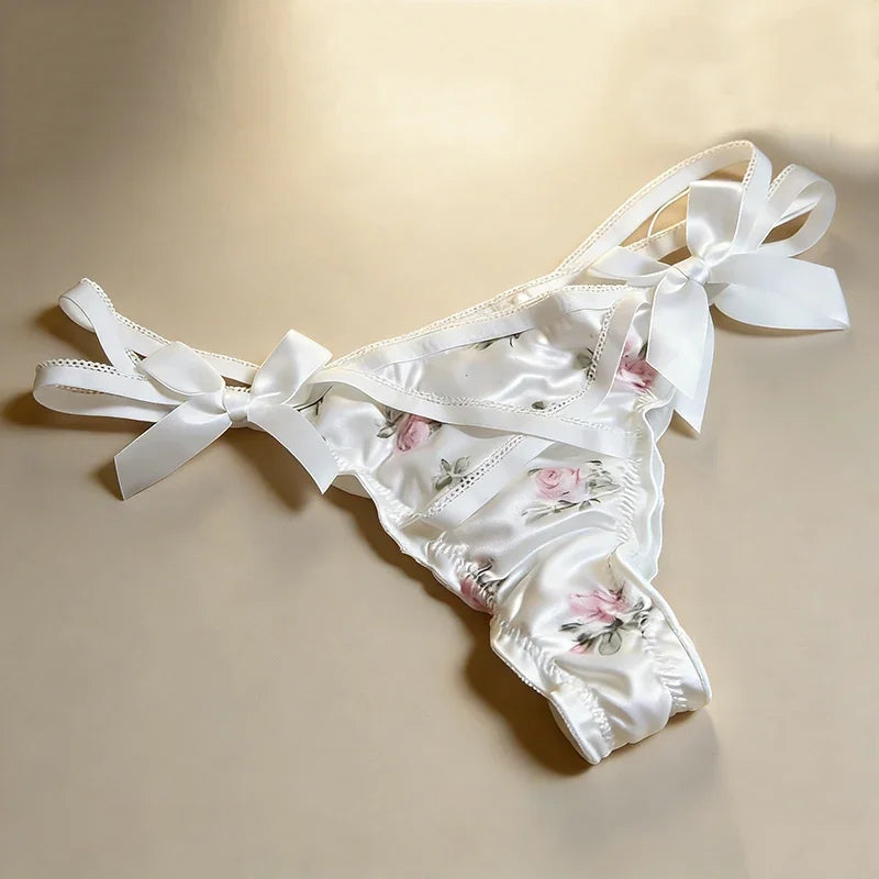 Ruffled Lovely Sweet Thong Briefs women Smooth Satin Panties Floral Printed T-back Underwear Bow Cross Strap Low Rise Underpants