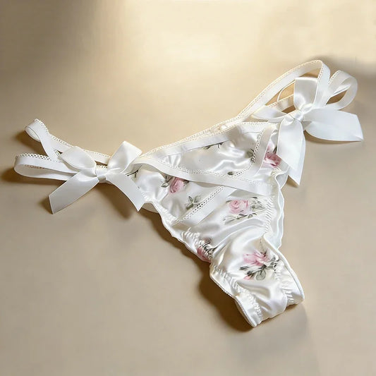 Ruffled Lovely Sweet Thong Briefs women Smooth Satin Panties Floral Printed T-back Underwear Bow Cross Strap Low Rise Underpants