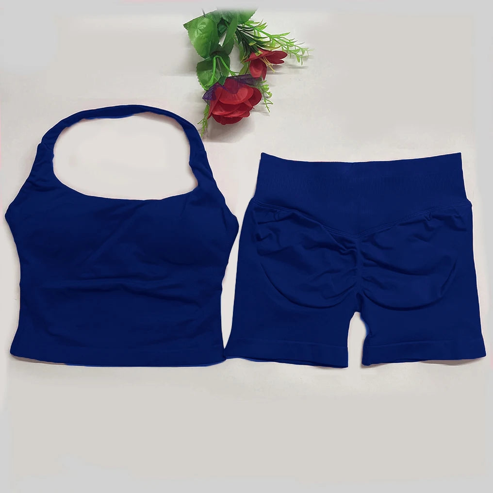 Yoga Outfit DFNNYE Two Pieces Gym Set Women DF Impact Yoga Outfits Backless Halter Top Shorts Fitness Clothes Workout Sets