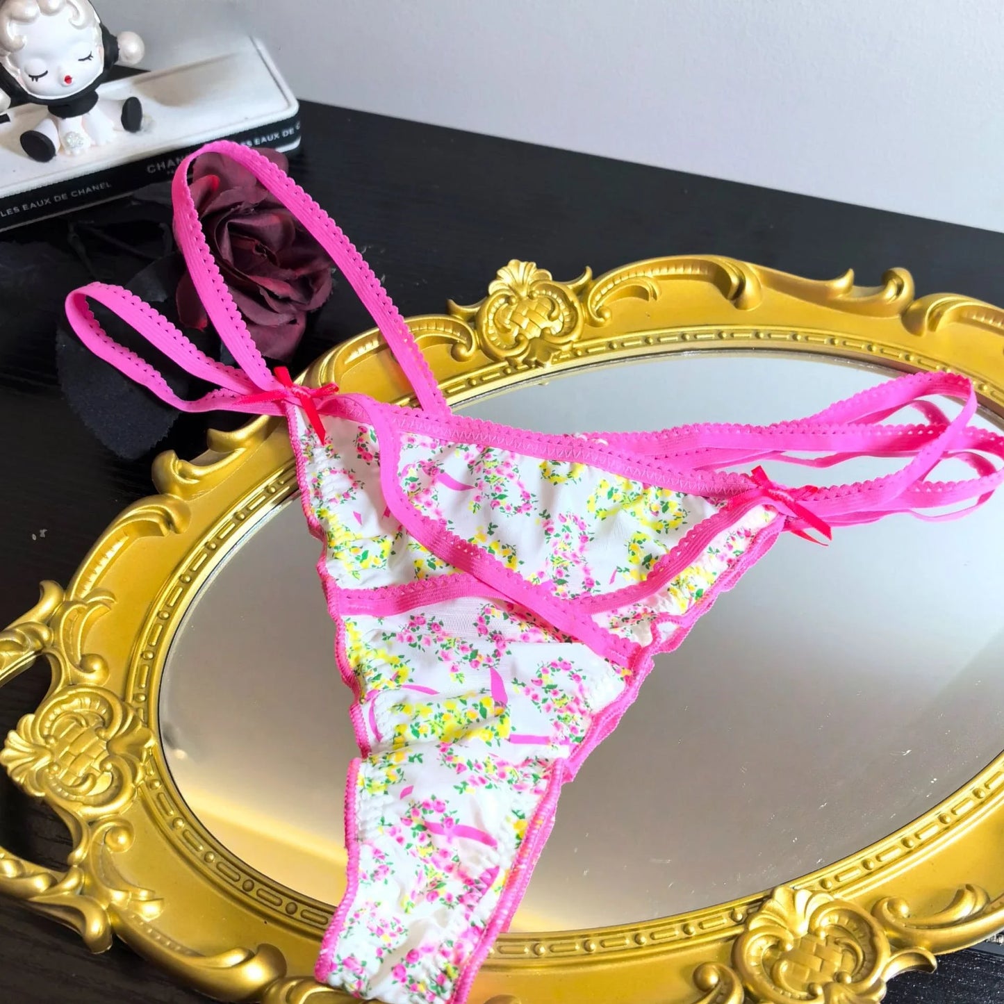 Ruffled Lovely Sweet Thong Briefs women Smooth Satin Panties Floral Printed T-back Underwear Bow Cross Strap Low Rise Underpants