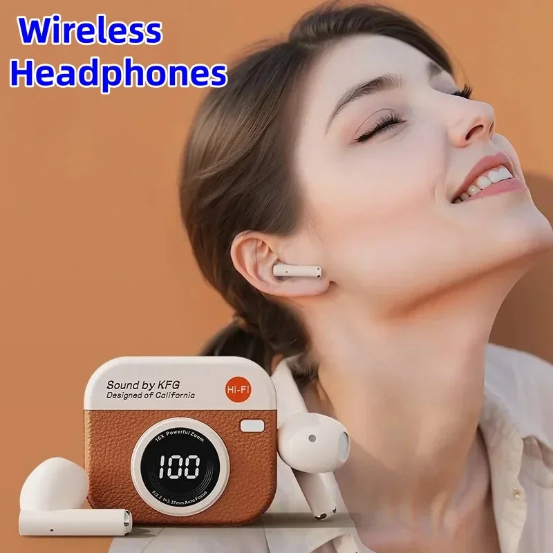 Q86wireless earphones semi in ear retro camera design power display  music earphones ultra long battery life sports earphones