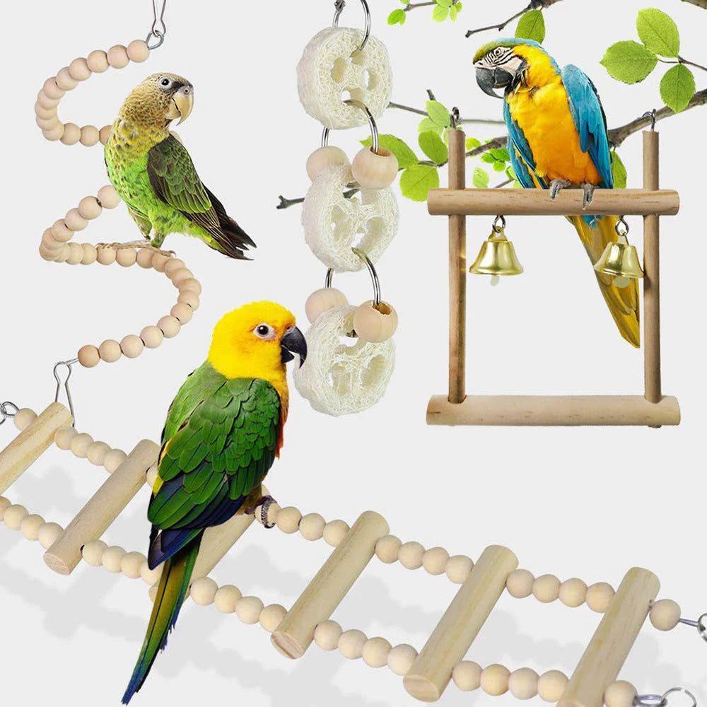 Random Bell 8PCS Bird Toys for Parakeets, Parrot Swing Chewing Hanging Standing Wooden Toys Bird Cage Accessories