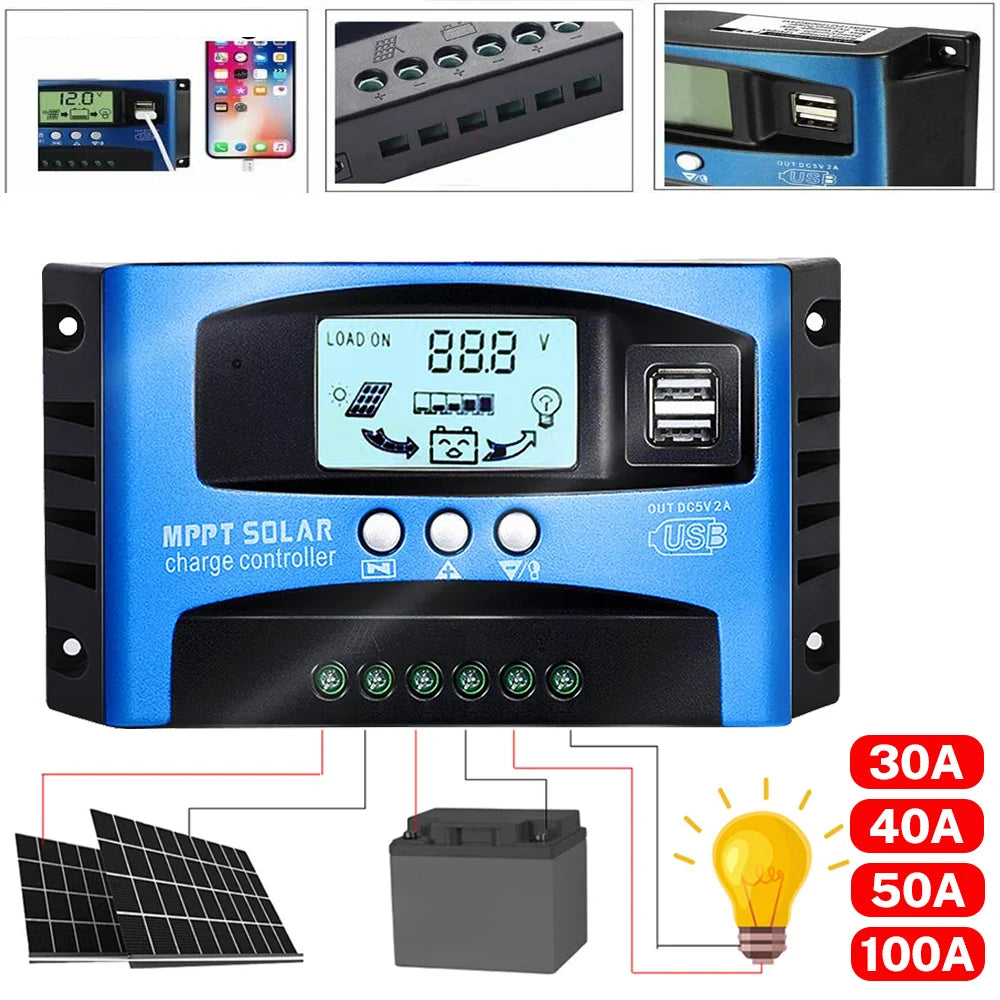 MPPT Solar Charge Controller 12V/24V Auto Focus Tracking Solar Panel Regulator with LCD Display Dual USB Port Charge Controller