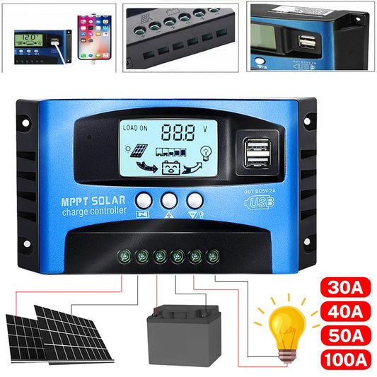 MPPT Solar Charge Controller 12V/24V Auto Focus Tracking Solar Panel Regulator with LCD Display Dual USB Port Charge Controller
