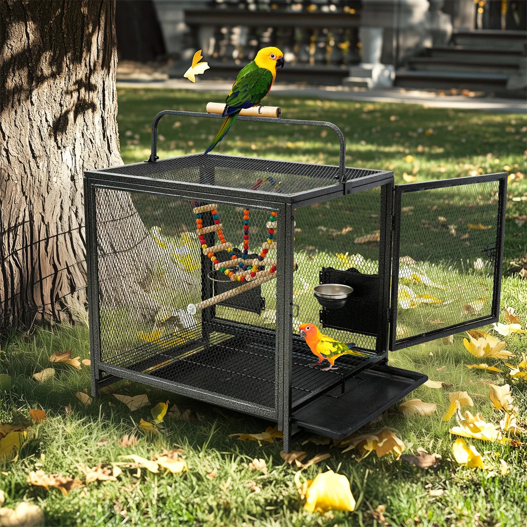 Portable Black Metal Flight Bird Cage Playpen with Hammock Swing Toy, Perch Stand for Parrots,Conure,Lovebird,Cockatiel,Budgies