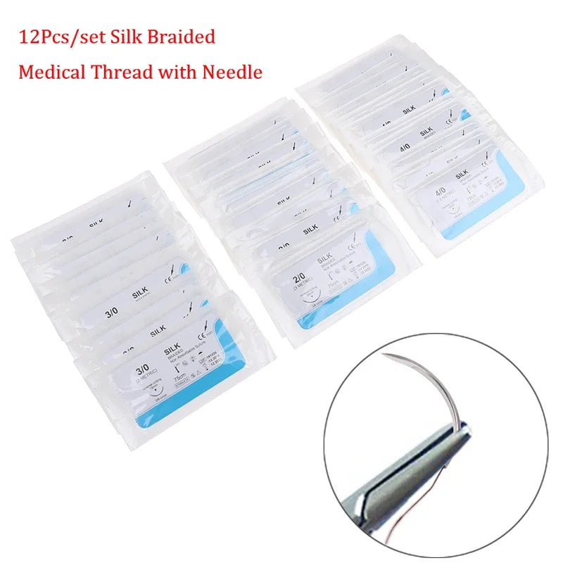 12Pcs 2/0 3/0 4/0 5/0 Medical Needle Suture Nylon Monofilament Thread Suture Practice Kit Teaching Demonstrations Exercises