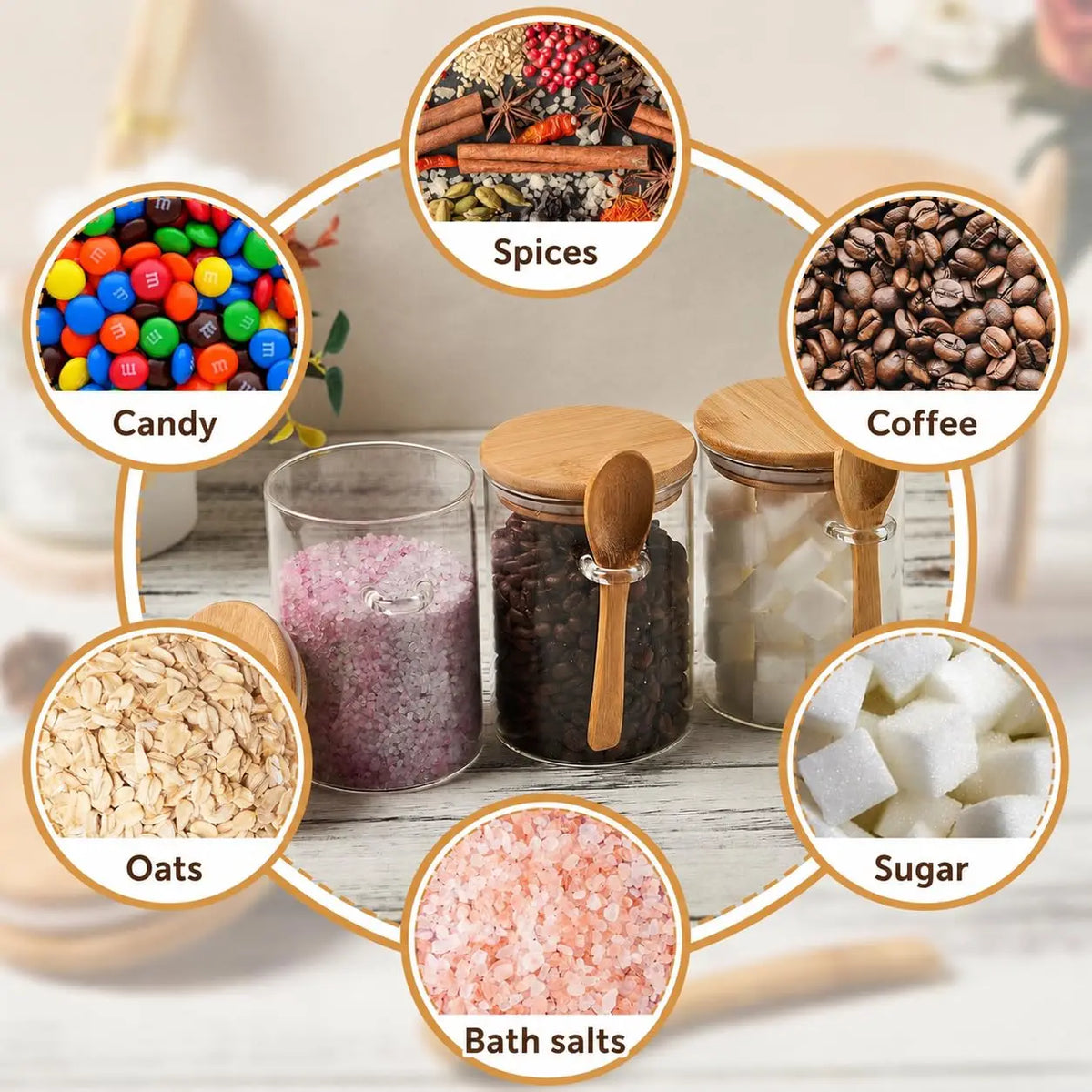Coffee Sugar Container Salt 1/2/3/4pcs Airtight Glass Jars with Bamboo Lids and Spoons 18oz Glass Bulk Food Storage Jar