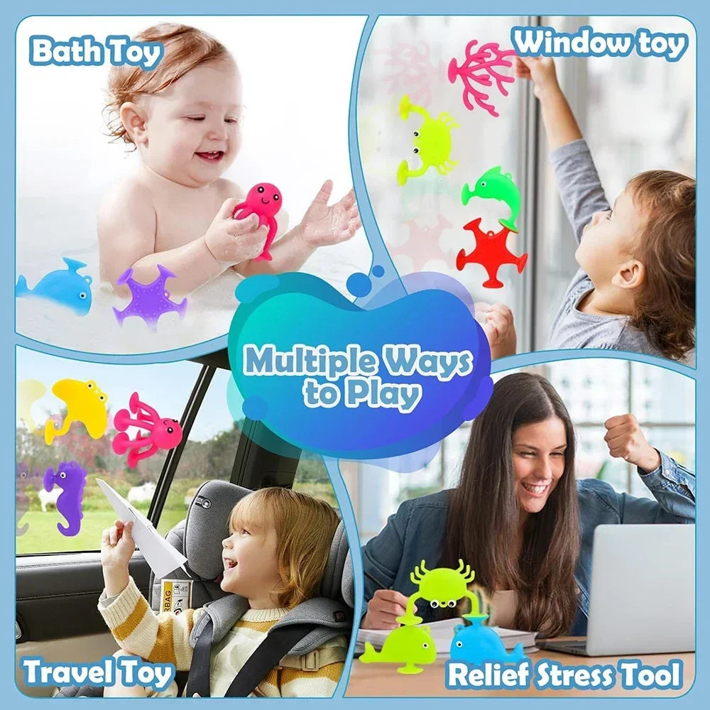 Baby Sucker Bath Toys for Kids Boys Girls Animal Shaped Suction Toys Parent-Child Interactive Game Window Travel Building Blocks