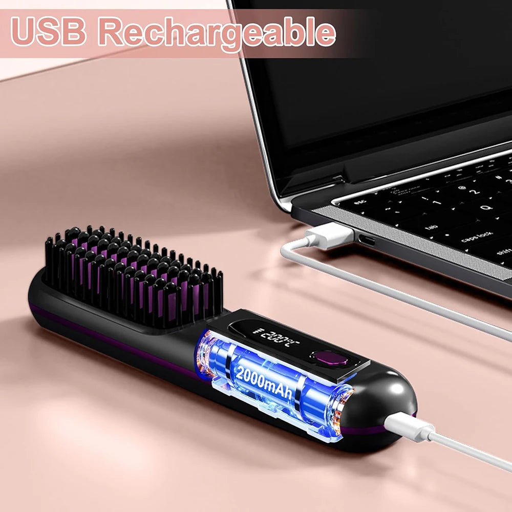 Hair Straightener Brush with LCD Display Cordless USB Charging Straightener Portable Mini Straightening Brush for Home Travel