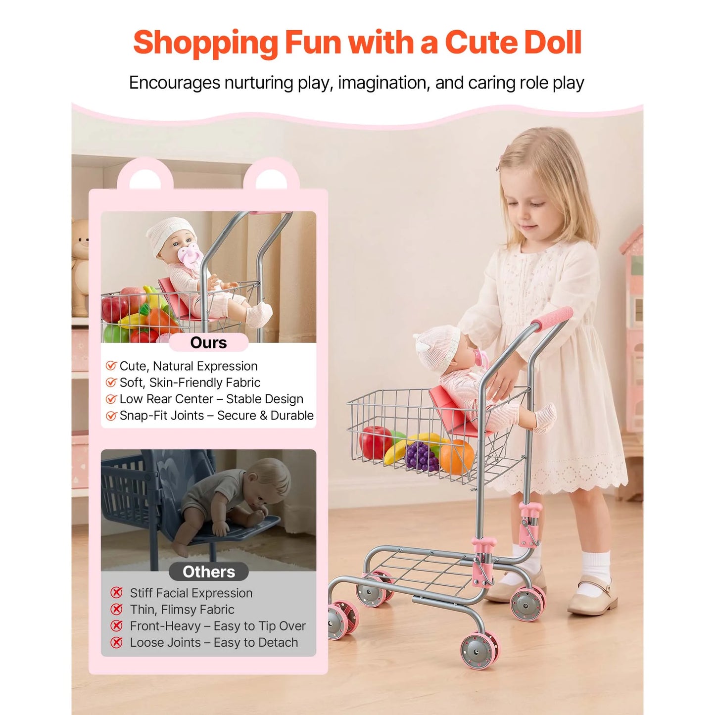 SucceBuy Kids Shopping Basket Foldable Cart Toy with Baby Doll Grocery Store Pretend Play Toys Trolley for Children Toddlers