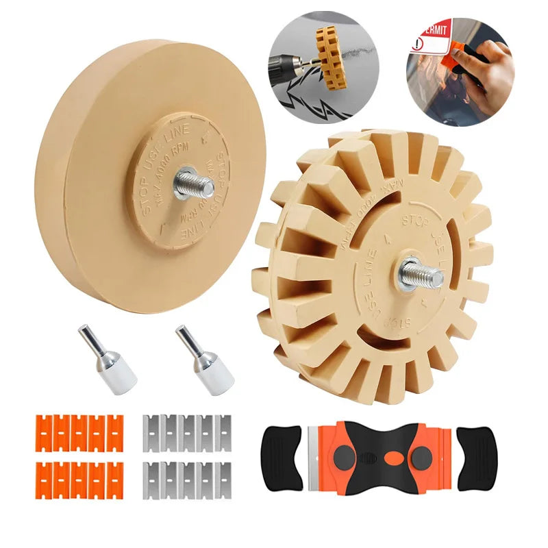 Auto Decal Adhesive Remover 4/3.5 Inch Rubber Eraser Wheel for Drill Car Sticker Remover with Scraper Graphics Glue Vinyl Eraser