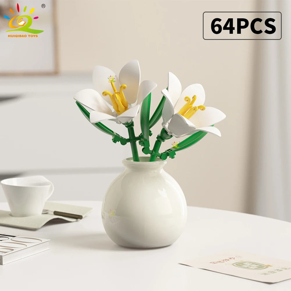 HUIQIBAO MOC Flower with Vase Model Building Block DIY Eternal Bouquet Home Desk Desk Plant Decor Brick Girl Gift Children Toy