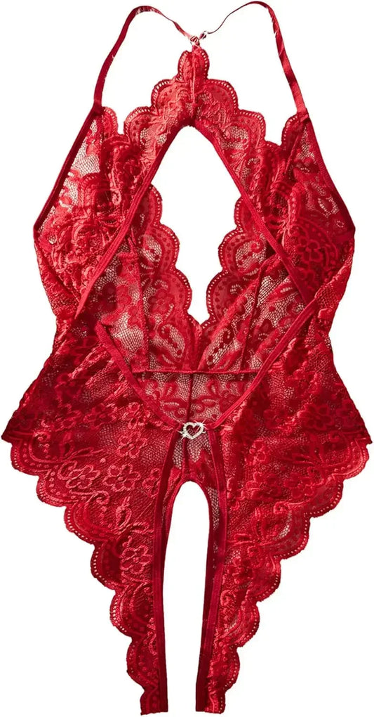 Women Sexy Lace Teddy Lingerie Deep V Mesh Sheer Bodysuit Backless Crotchless One Piece Babydoll Nightwear