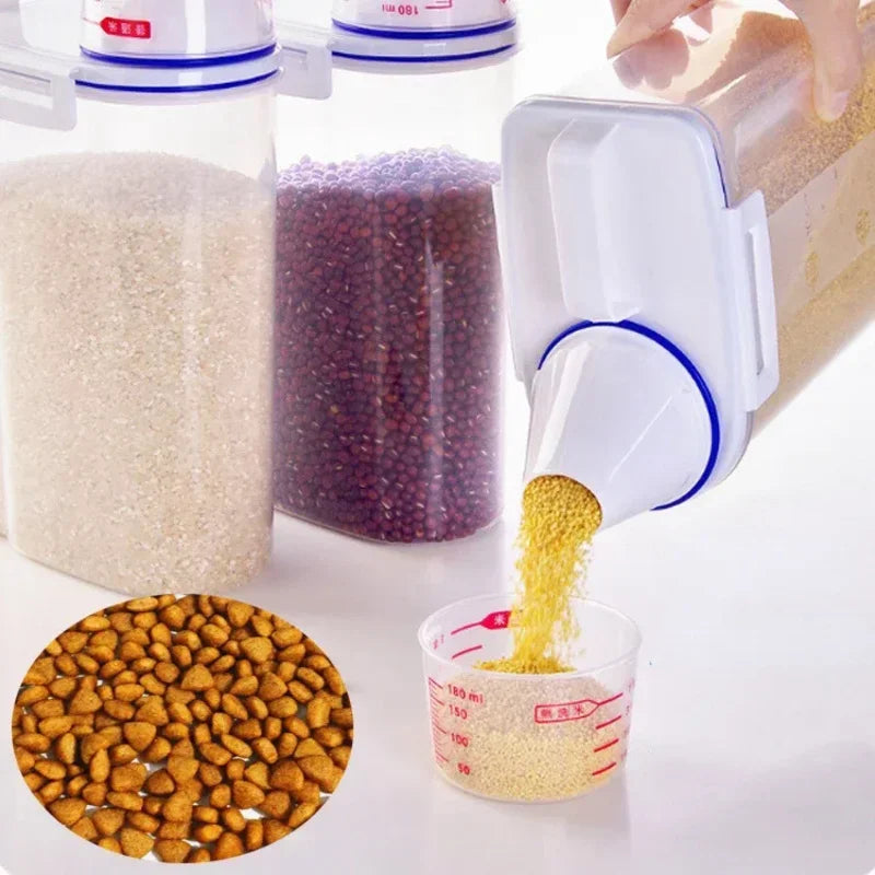 1pc Airtight Pet Food Storage Container, 1.5kg/2kg Plastic Sealed Jar with Measuring Cup for Dog Cat Dry Food Kibble