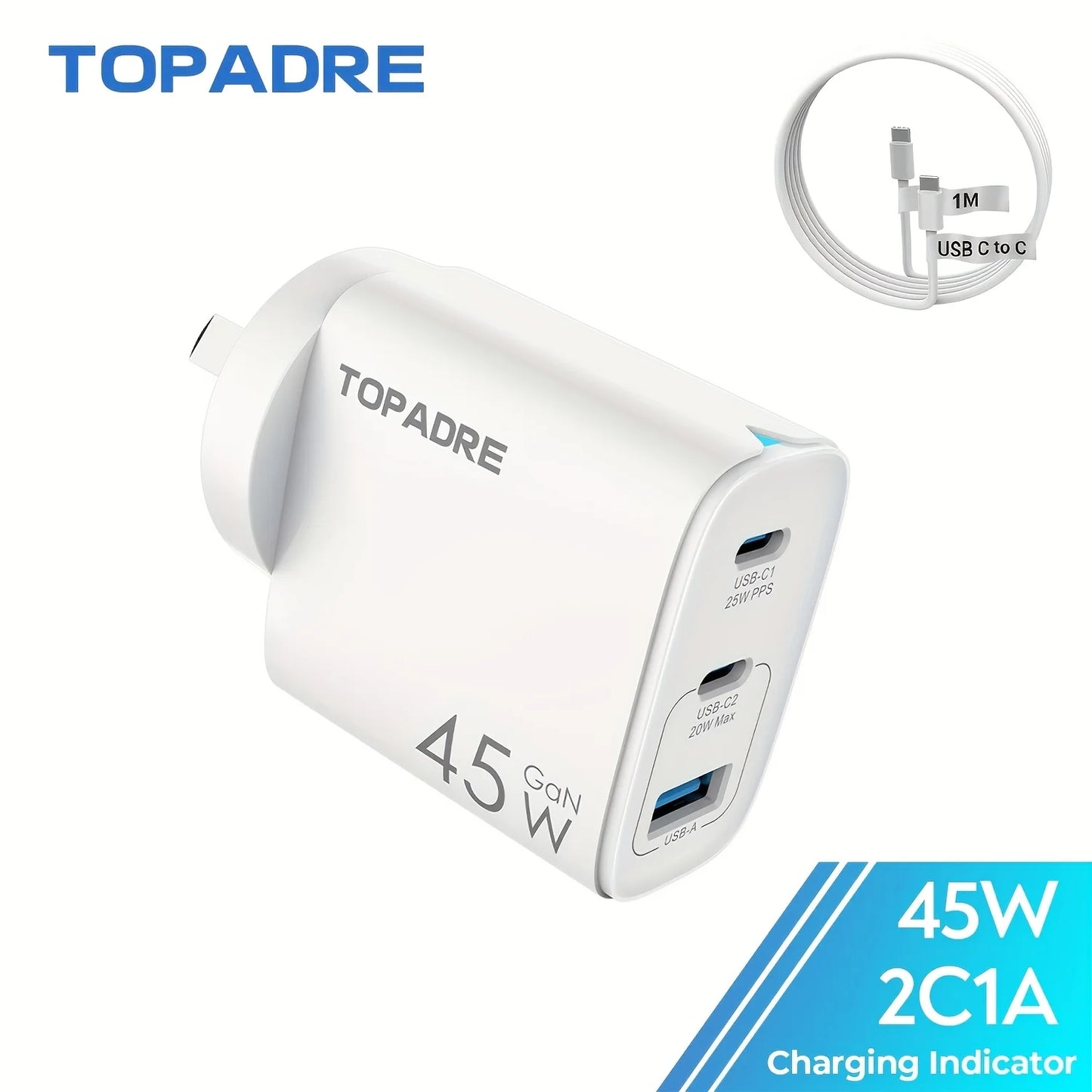 TOPADRE 45W GaN Charger 3ports PD 3.0 USB C Phone Charger For iPhone 17 16 15 Pro Samsung S25 Xiaomi Tablet iPad Air