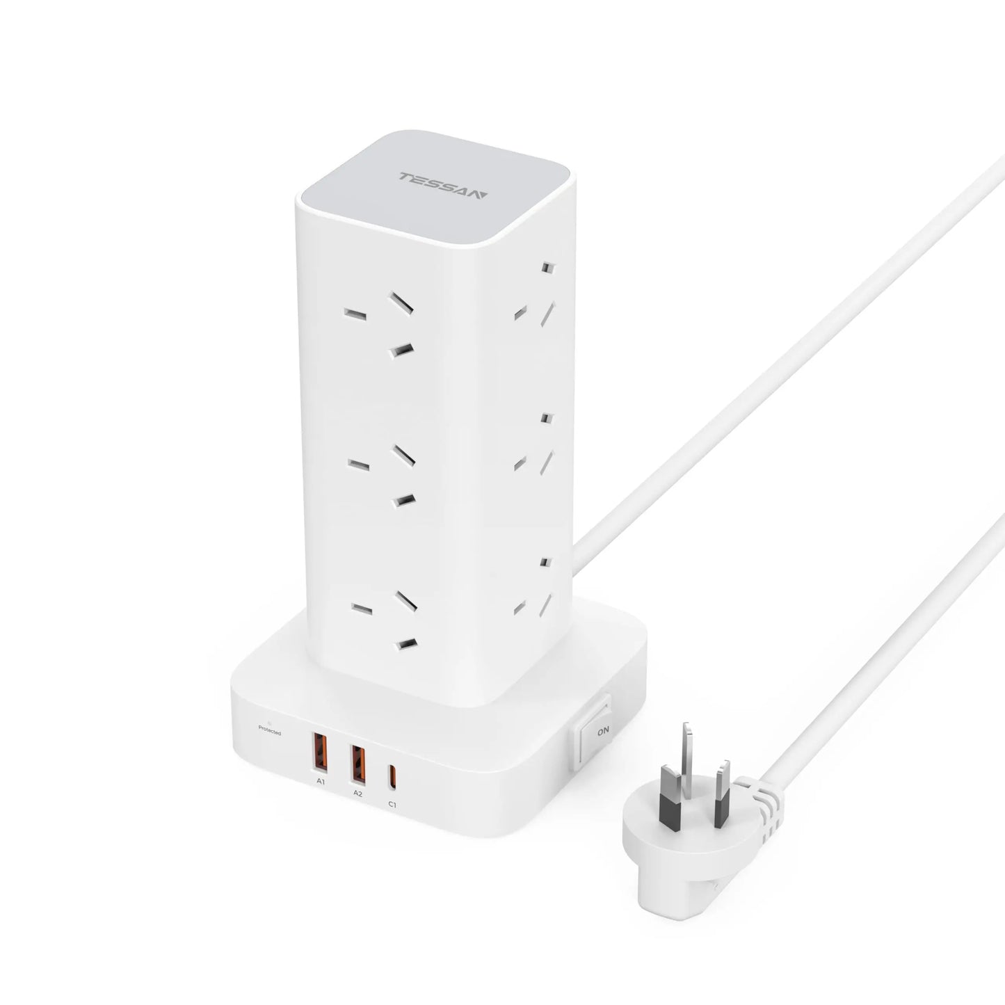 TESSAN AU Plug Tower Power Strip Desktop Fast Charging Station 65W GaN USB C AUS Power Strip with 6 USB Ports for Home Office