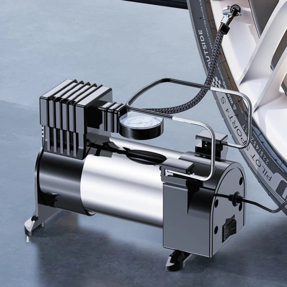 12V Car Tire Pump with Pressure Gauge Car Electric Air Pump Auto Inflatable Pump Heavy Duty Deluxe Portable Metal Air Compressor