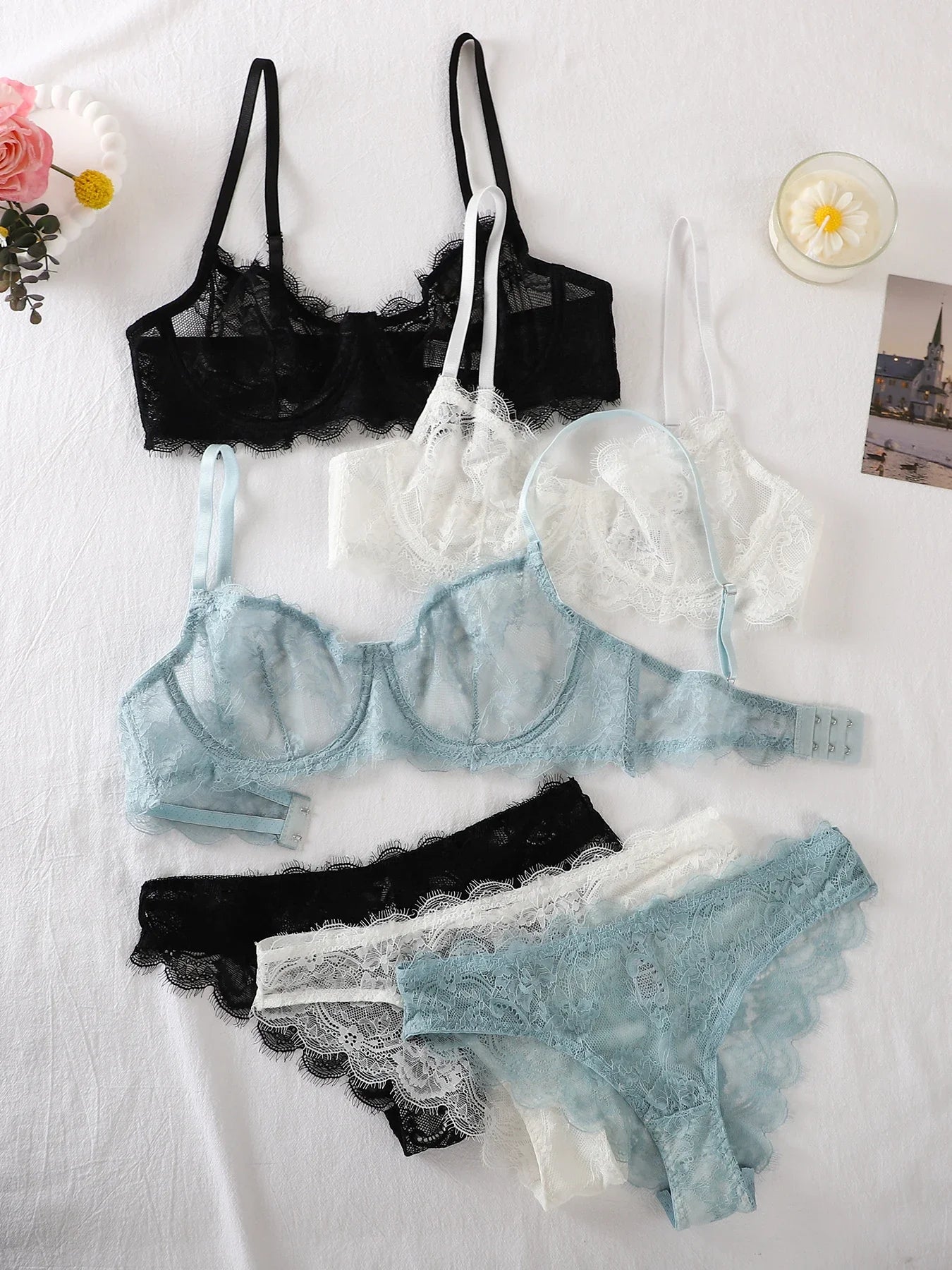 2-Piece Set - Lace Bra + Panties Set - See-Through Lace Lingerie Set  - Lace Women's Lingerie Set - Sexy Lingerie Set
