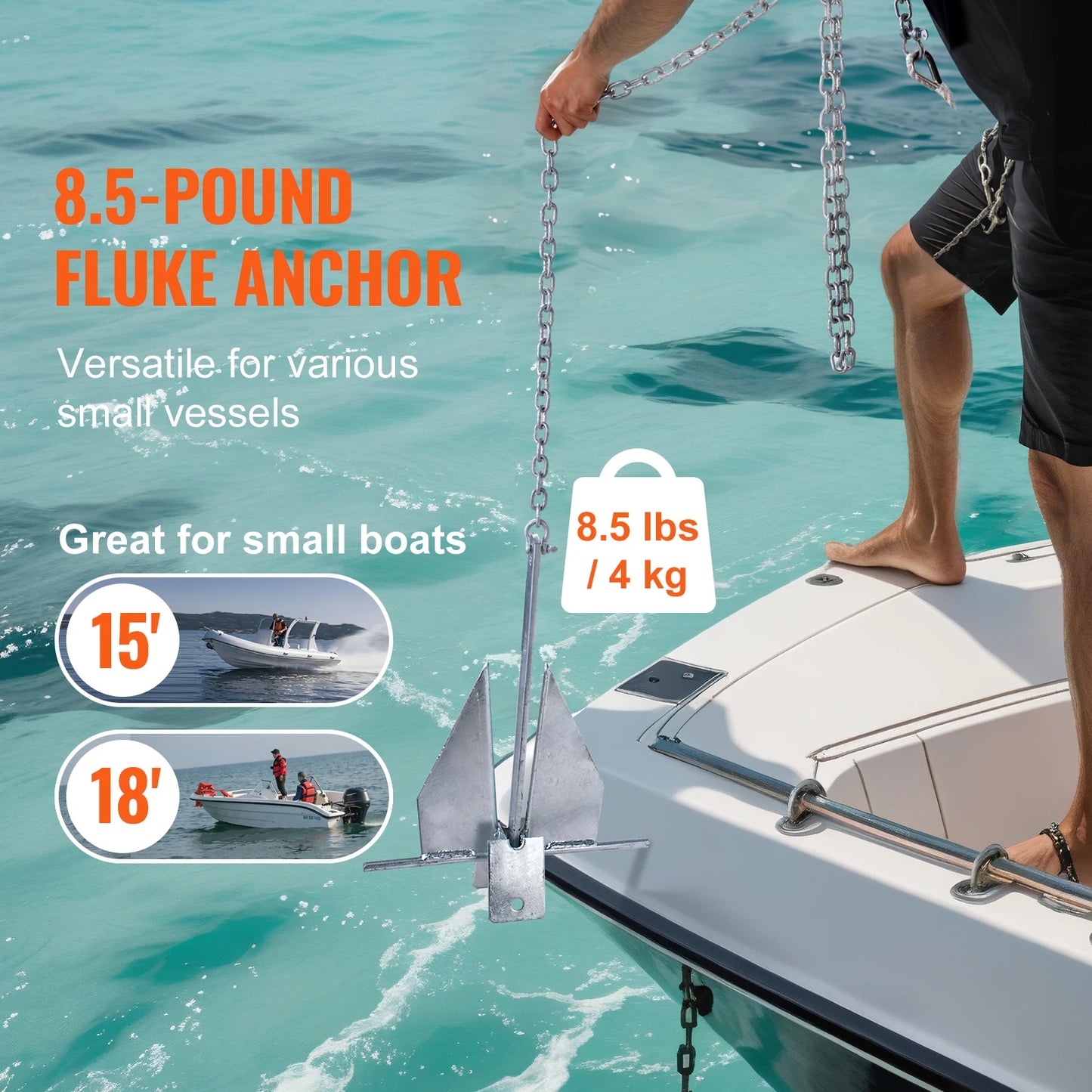 SucceBuy Fluke Style Anchor Kit 13 LBS Hot-Dipped Galvanized Steel Fluke Anchor with 7.9' Chain 101' Rope and Two 0.4" Shackles