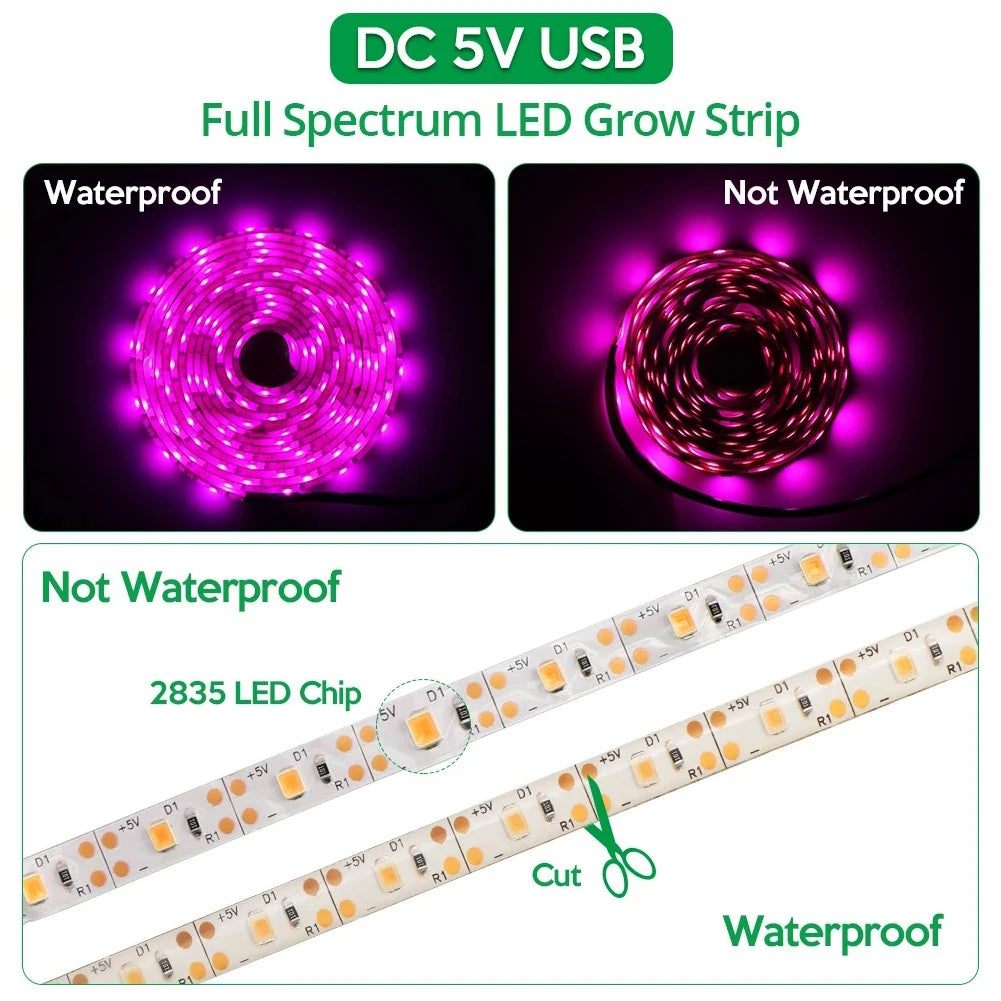 Full Spectrum USB Grow Light Strip Waterproof Indoor Veg Plant Growing Lamp for Plants Flowers Greenhouse Hydroponic