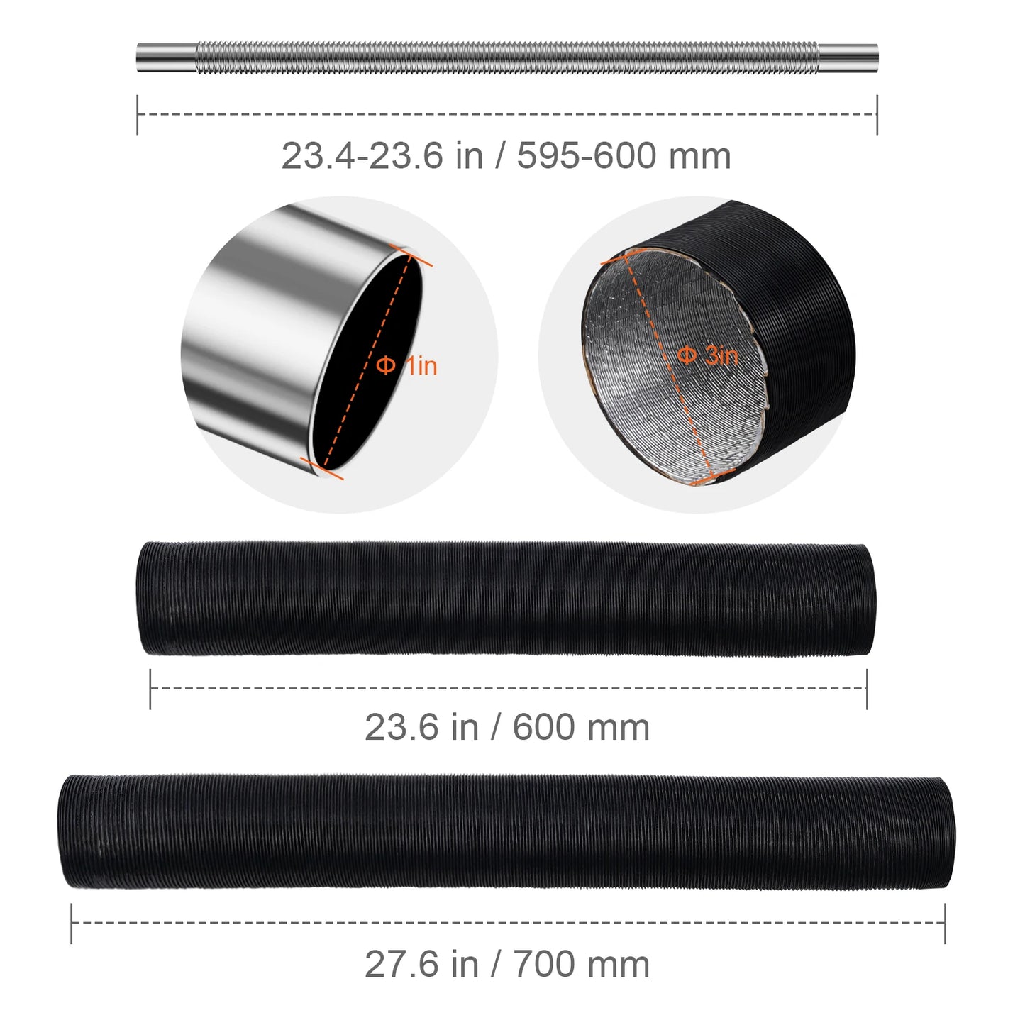 SucceBuy Diesel Heater Pipe Ducting Set 3" Extendable Air Duct Hose 1" Stainless Steel Exhaust Pipe 2 Air Vents Tee Air Outlet