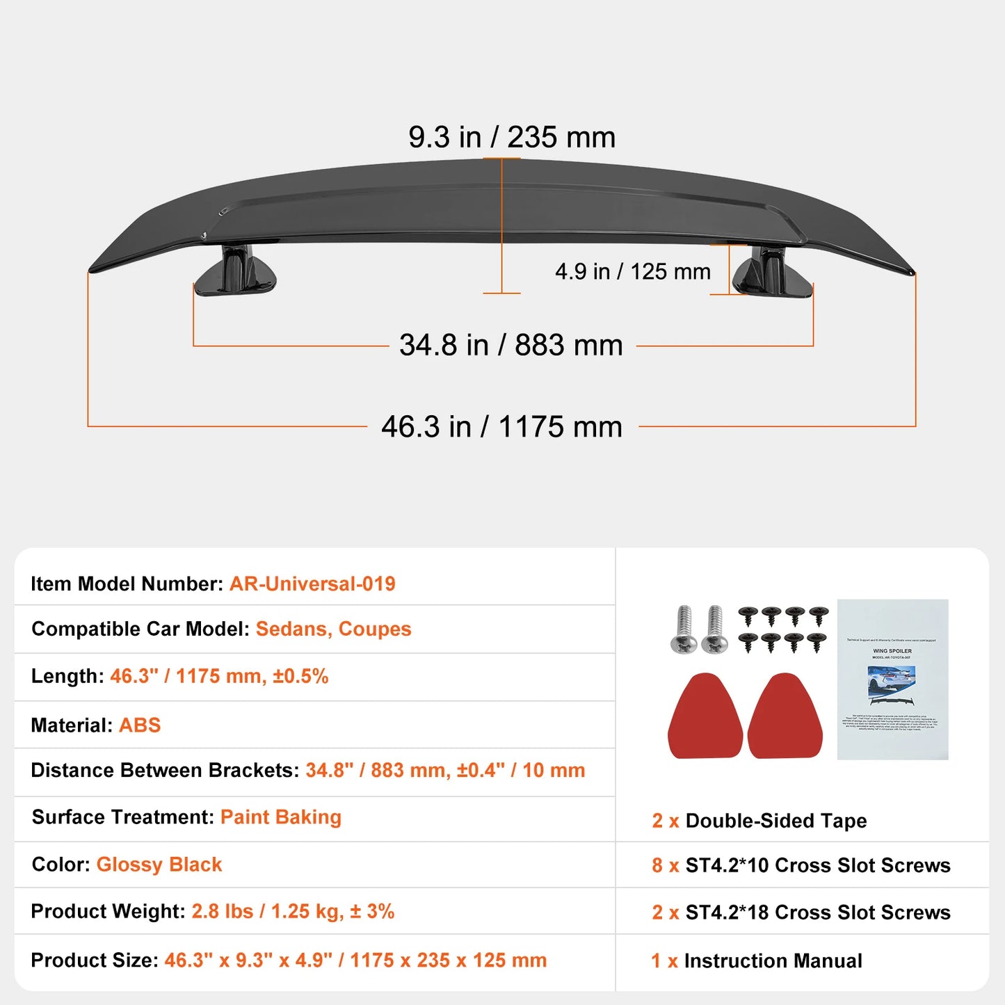 SucceBuy GT Wing Car Spoiler 46.3inch Universal Spoiler Compatible with most Sedans and Coupes High Strength ABS Material Black
