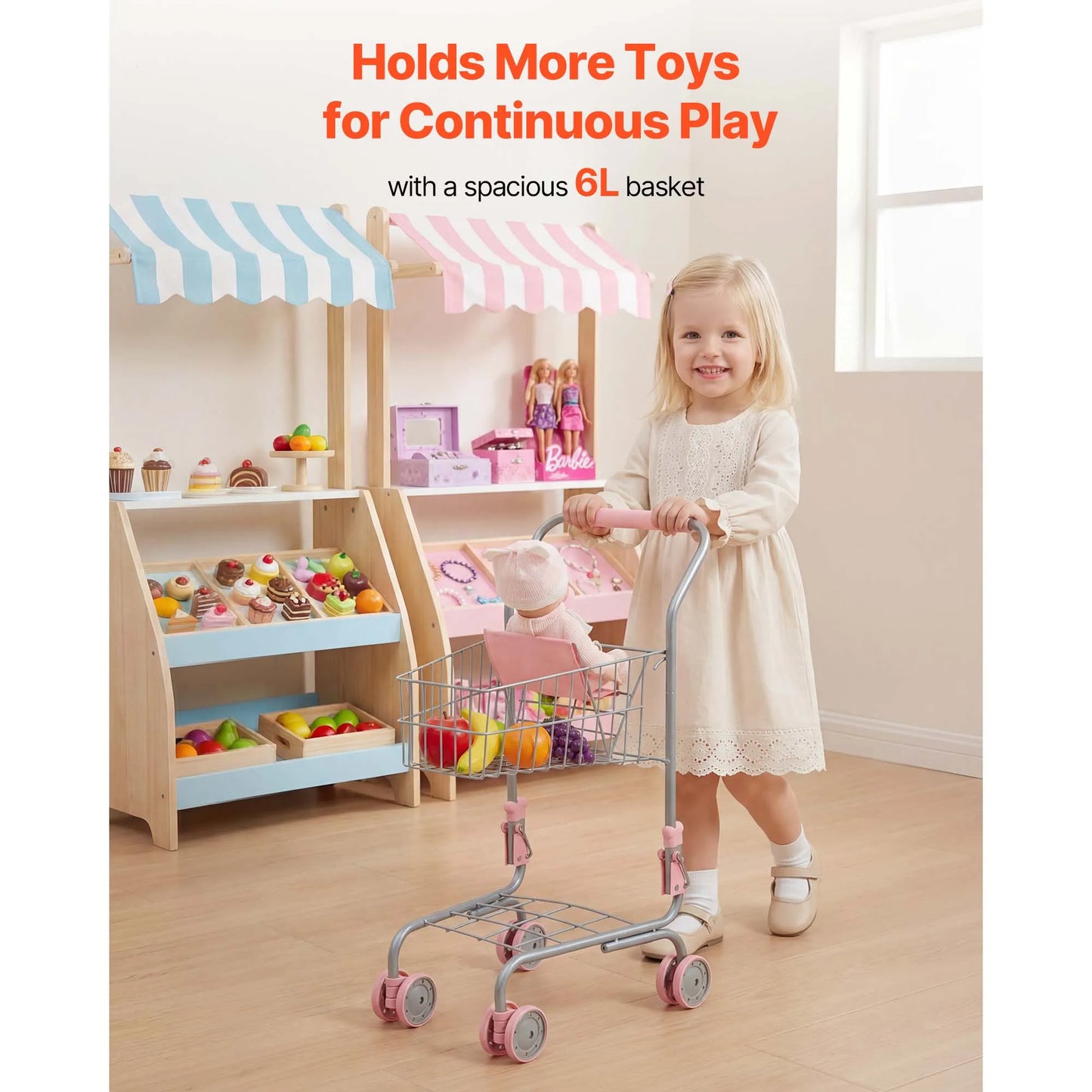 SucceBuy Kids Shopping Basket Foldable Cart Toy with Baby Doll Grocery Store Pretend Play Toys Trolley for Children Toddlers