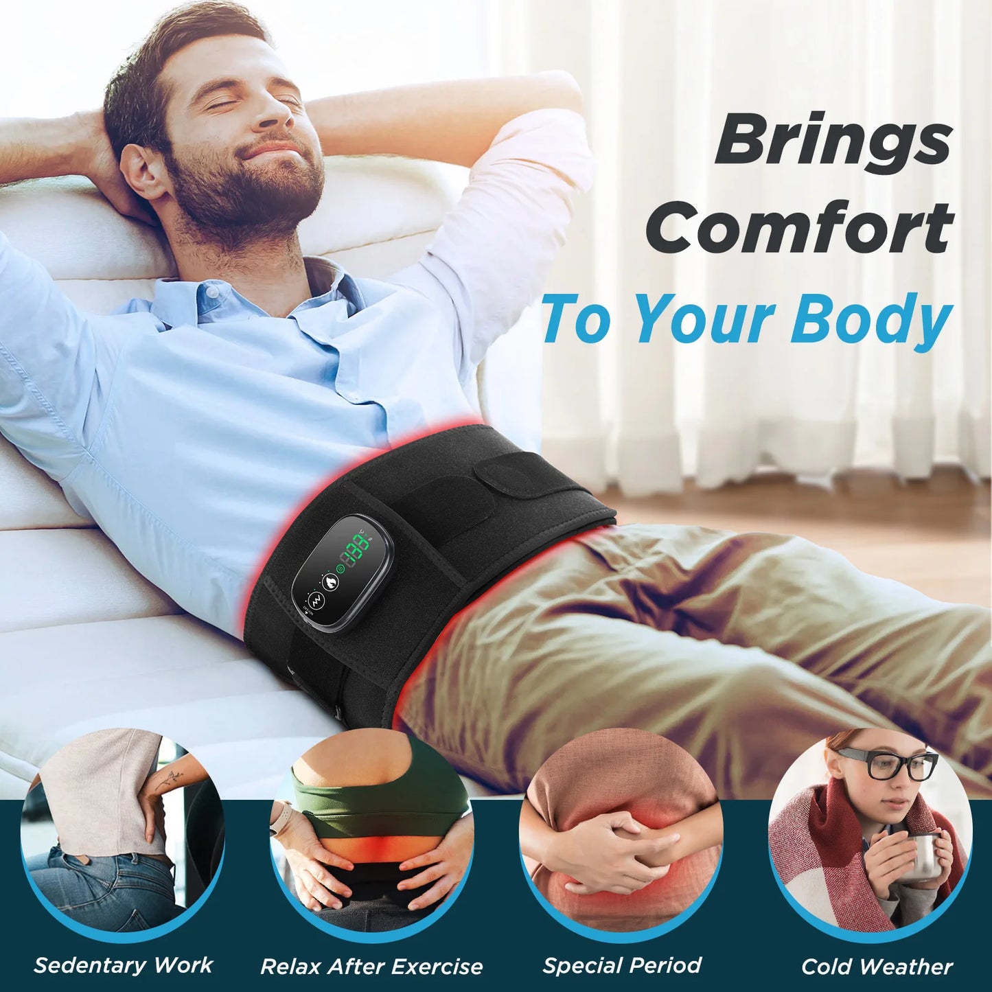 Cordless Heated Vibration Massage Belt Infrared Waist Massager Lumbar Support Decompression Back Brace Muscle Relax Relieve Pain