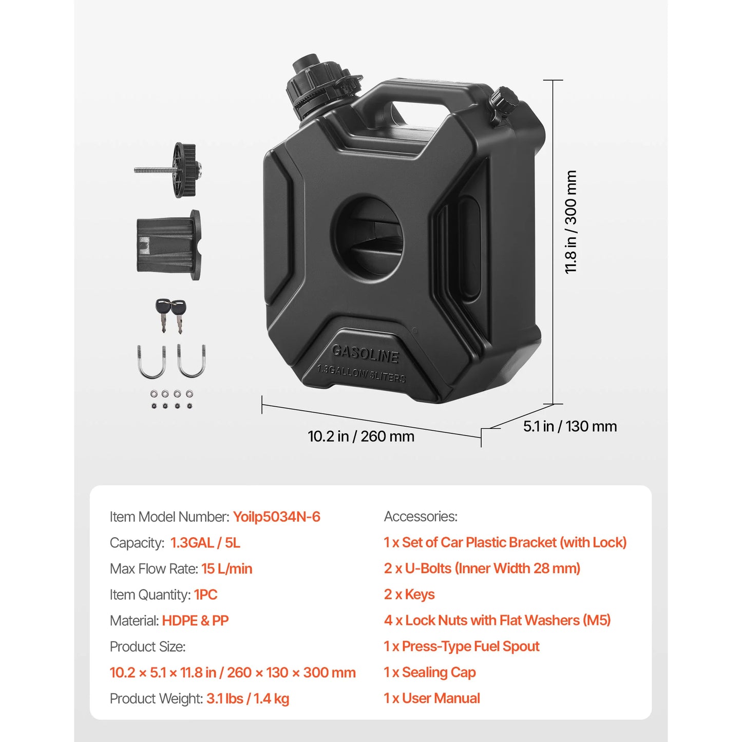 SucceBuy Fuel Container 1.3 Gal Secure Leak-proof Portable 15 L/min Max Flow Rate with Spout and Lockable Bracket for Most Cars