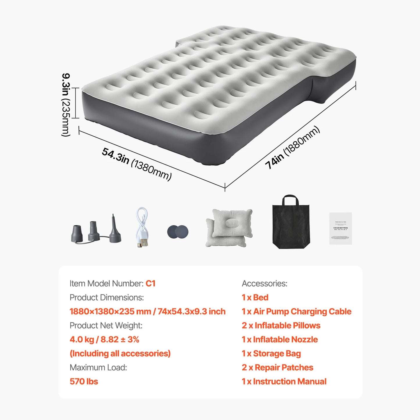 SucceBuy Car Air Mattress, Inflatable Car Camping Mattress, Flocking Thickened Travel Beds with Air Pump Fits Most MPV Sedan SUV