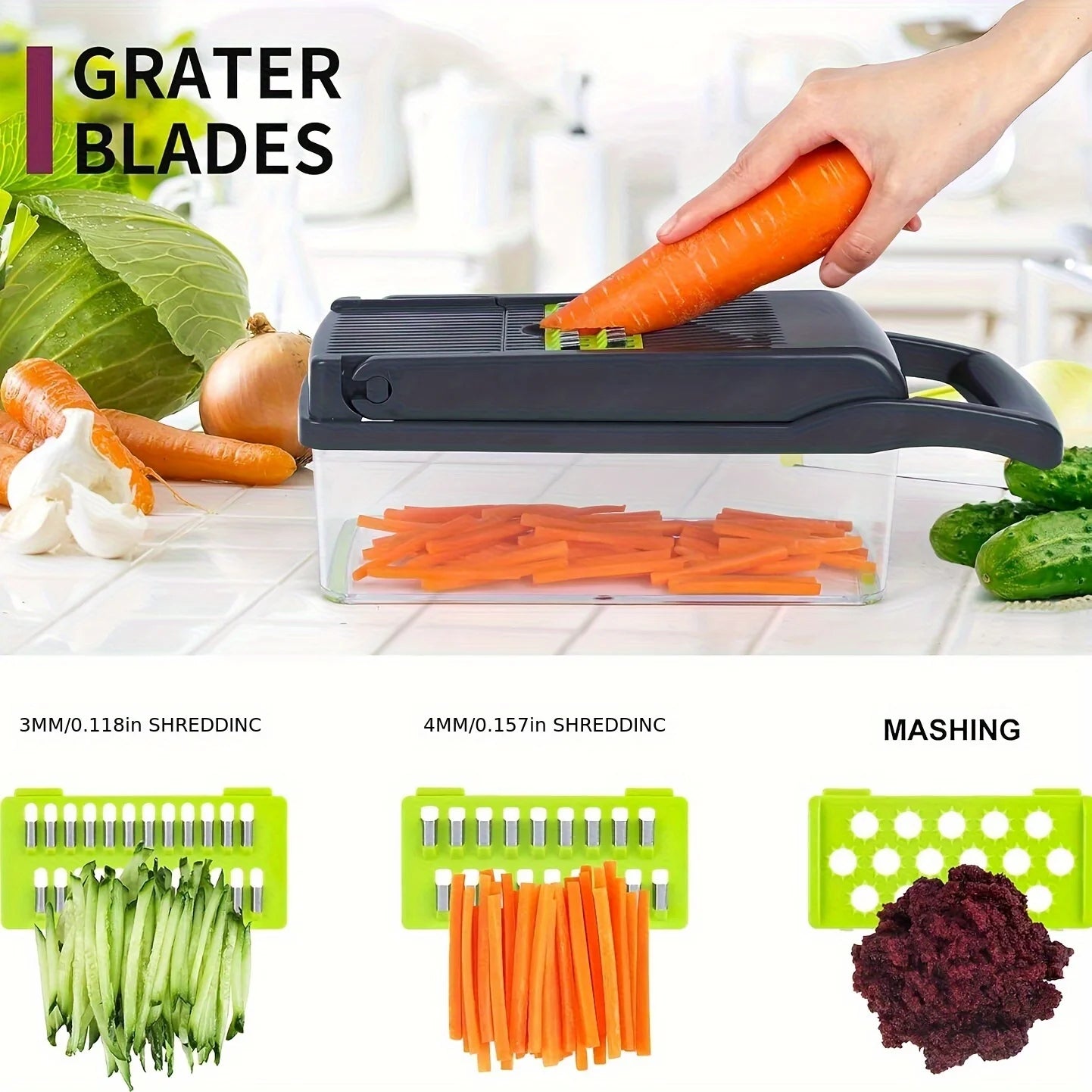 16-in-1 Vegetable Chopper - Manual Food Slicer with Container & Drain Basket for Onion, Carrot & Garlic