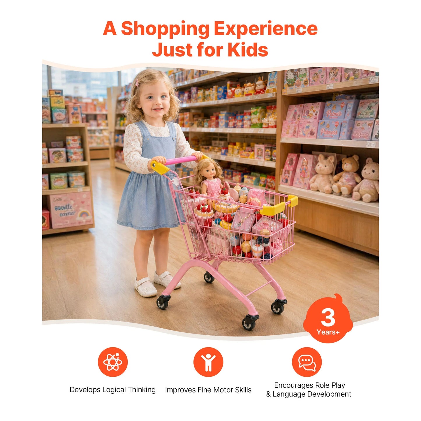 SucceBuy Shopping Cart Toy with Wheels Grocery Store Pretend Play Foldable Shopping Cart Trolley for Kids Early Education Toys