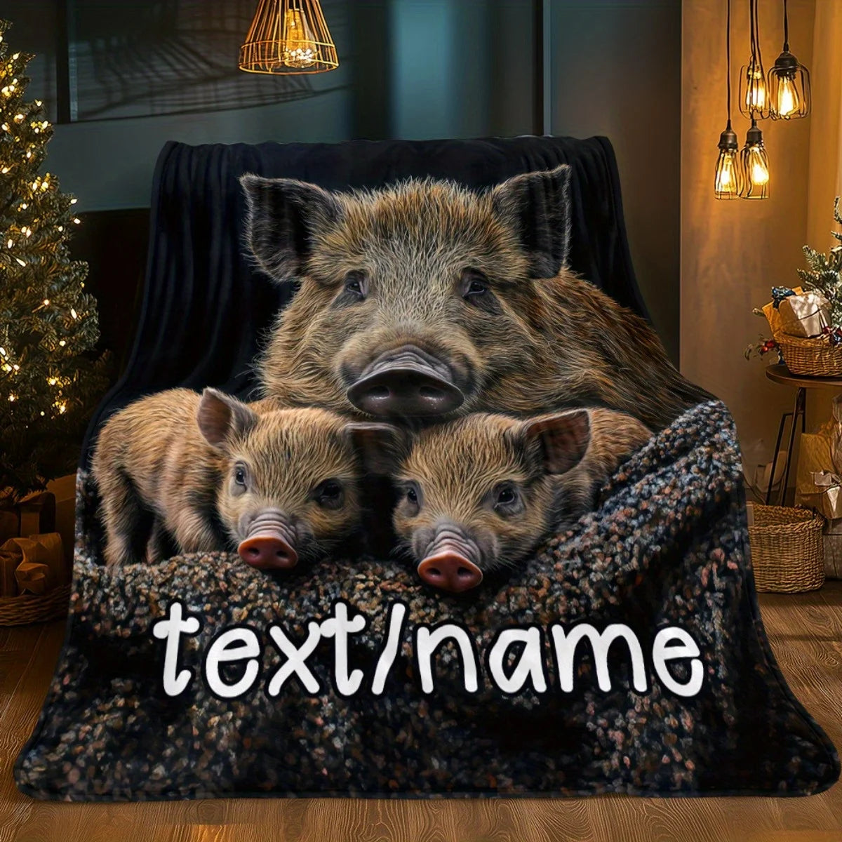 1pc Personalized Wild Boar Flannel Blanket Custom Name, Lightweight Soft Warm Throw All-Season Cozy Blanket for Camping, Sofa