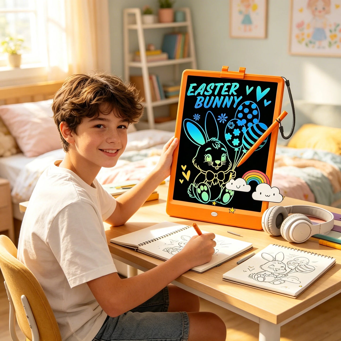 Kids 10" LCD Drawing Tablet, Color Doodle Board, Reusable Erasable Writing Pad, Educational Toy for Boys & Girls Aged 3-8, Orange