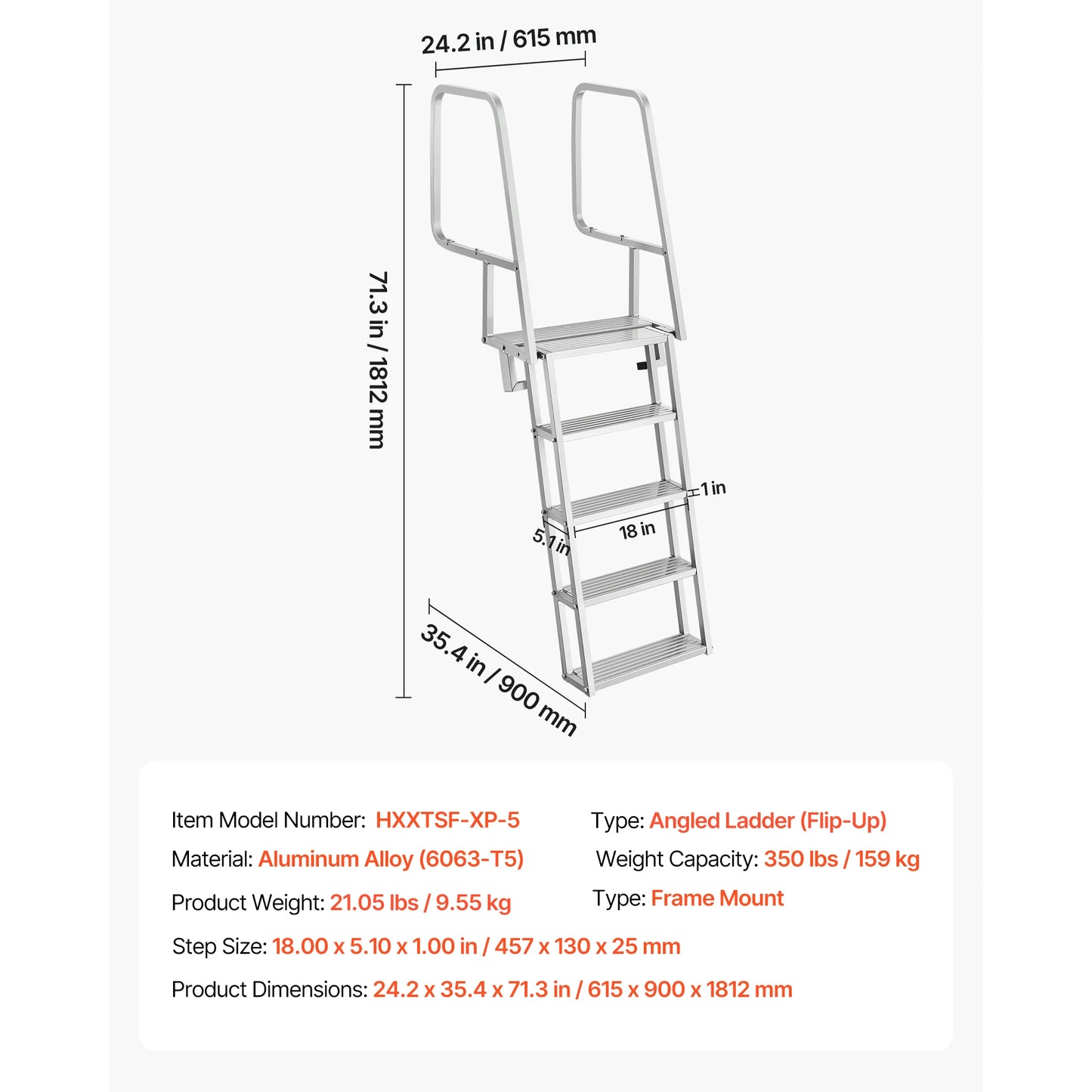 SucceBuy 4/5/6-Step Flip-Up Dock Ladder 350 lbs Aluminum Alloy Pontoon Boat Swim Ladder with Non-Slip Steps for Marine Boarding