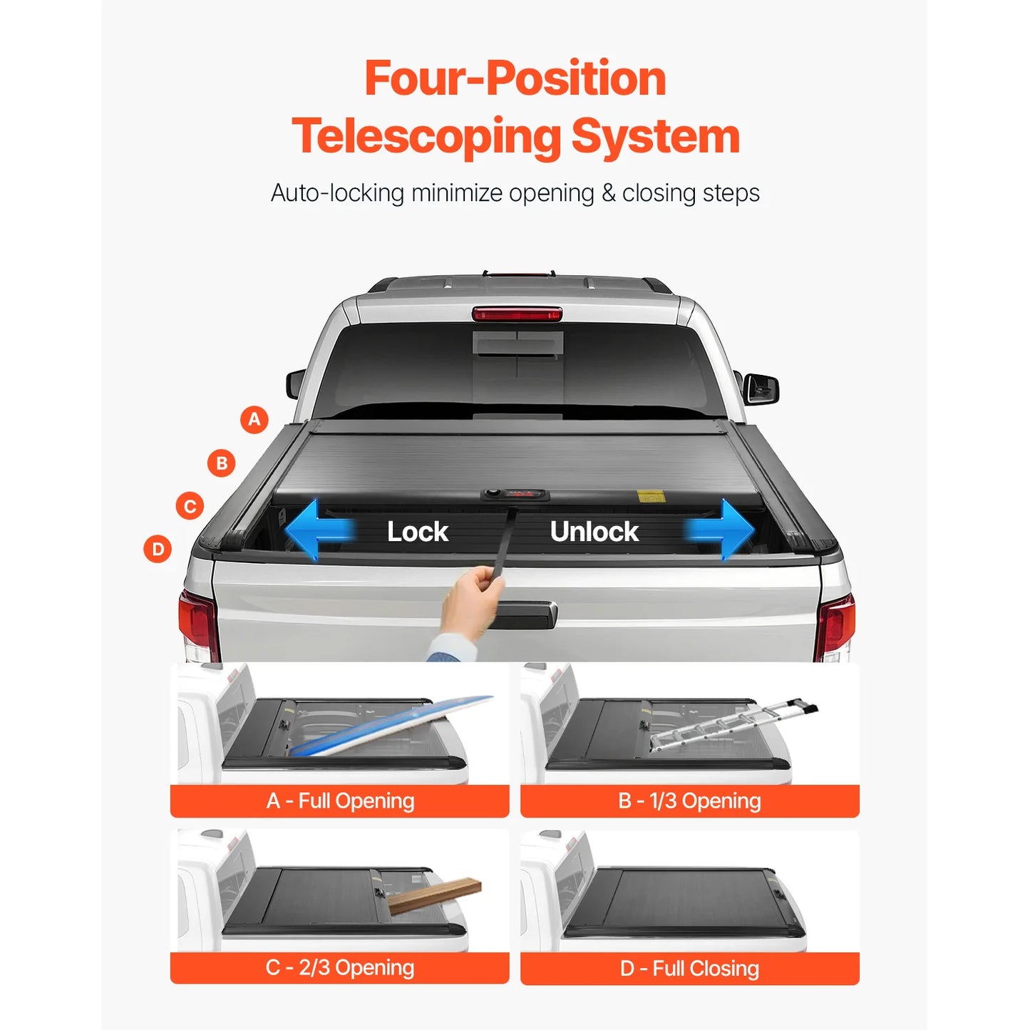 SucceBuy Retractable Tonneau Cover 5.5ft Aluminum with Drainage Pipe for 2021-2024Ford F-150 Crew Cab Double-Lock T-Slot Design