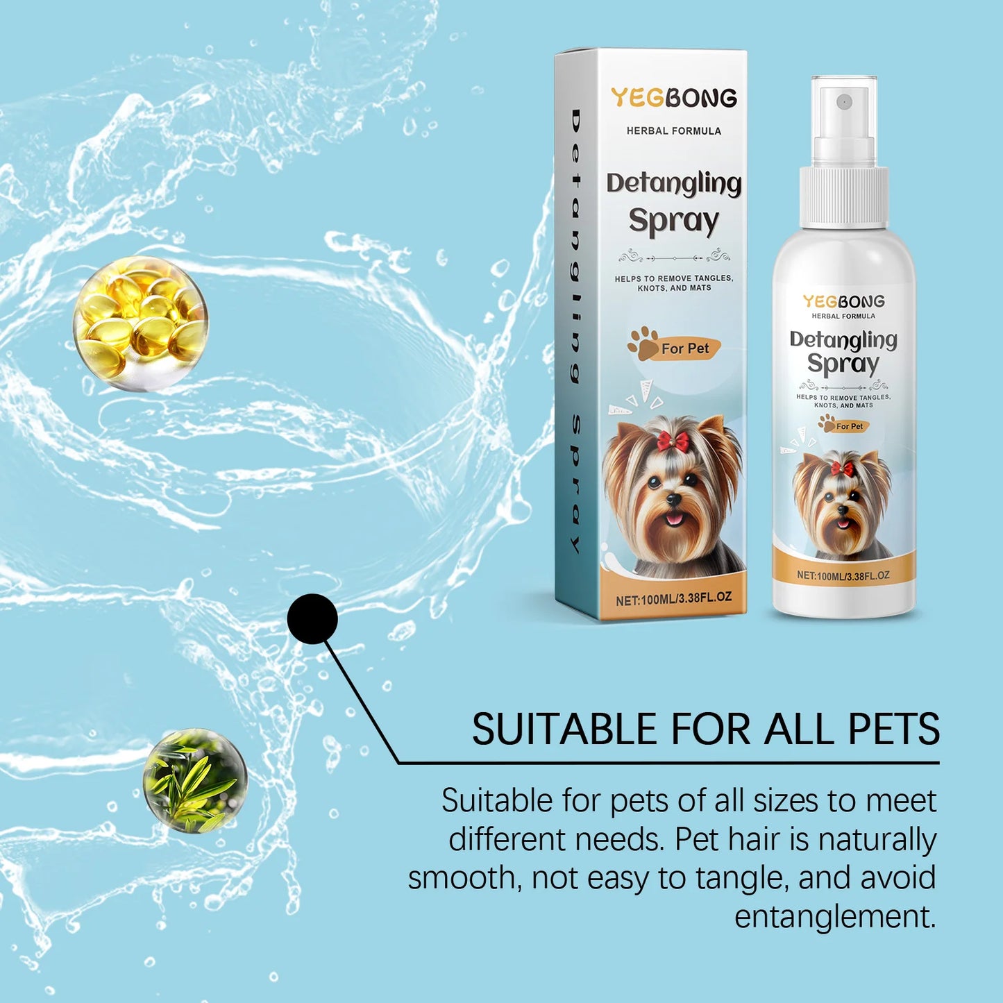 Yegbong Dog Detangler Spray Pet Hair Untangling Smooth Care Spray Fresh Fragrance No Rinse All Sizes Pet Grooming Tool 100ml