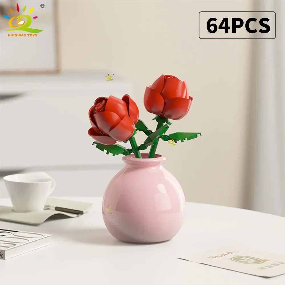 HUIQIBAO MOC Flower with Vase Model Building Block DIY Eternal Bouquet Home Desk Desk Plant Decor Brick Girl Gift Children Toy